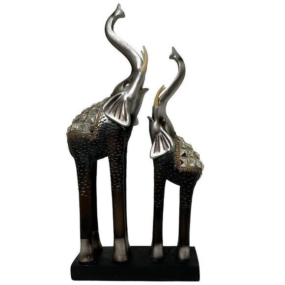 Vintage Mother & Baby Elephant Statue 17"x 7.5" Silver Gold-tone Metal & Wood - Picture 13 of 13